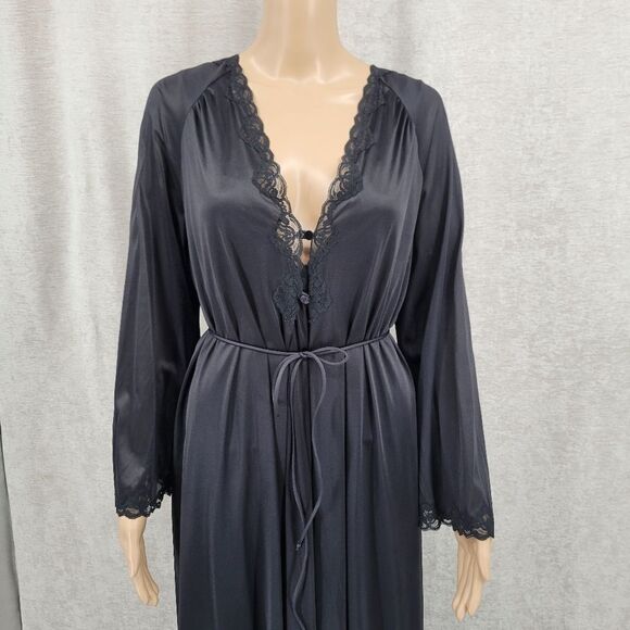 Lorraine Vintage Maxi Length Black Slip Dress Nightgown and Peignoir Robe Lace - Picture 9 of 16
